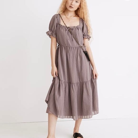 Madewell Square-Neck Tiered Midi Dress in Textured Seersucker Size Large Pockets - Picture 1 of 9
